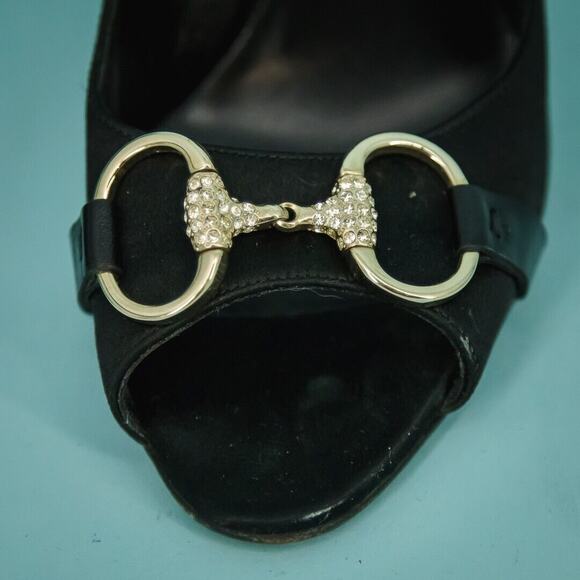 Gucci Size 6 Black Satin Rhinestone Horsebit Open Peep Toe High Heels Pumps - Picture 3 of 10